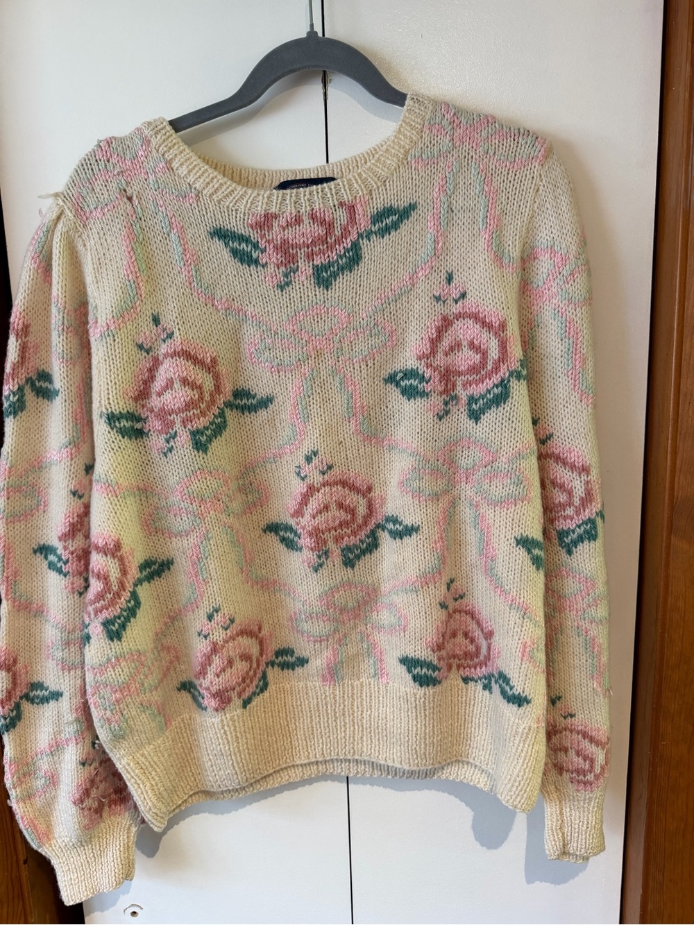 Allen Solly Vintage Handknit Pink Rose Ribbon Knit Sweater Chunky - Size Large